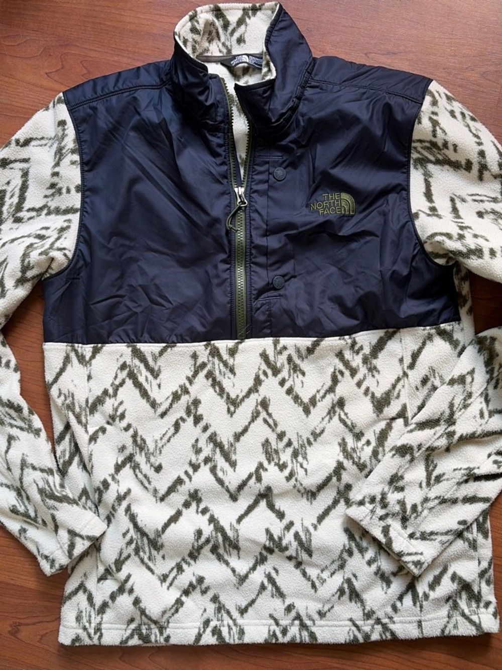 The North Face Navy Jacket with Cream & Olive Fleece Lining